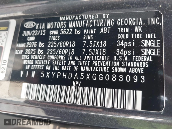 2016 Kia Sorento EX with VIN 5XYPHDA5XGG083093, listed as a IAAI auction lot 42138707 with 156,799 mi miles and . Bid and sale history available at DreamBid. Image 9.