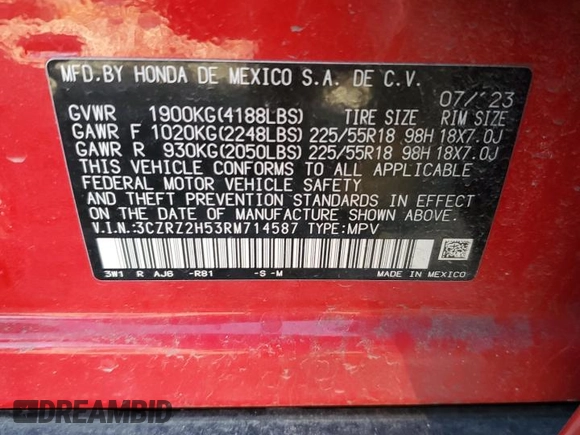 2024 Honda HR-V Sport z VIN 3CZRZ2H53RM714587, wystawiony jako Copart lot #44300105 z przebiegiem 25 102 mil mil oraz Szkoda całkowita • Salvage title. Historia ofert i sprzedaży dostępna na DreamBid. Obrazek 14.