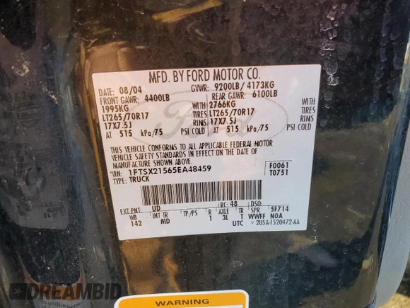 2005 Ford F-250 XL с VIN 1FTSX21565EA48459, выставлен на аукционе Copart как лот 44421185 с пробегом 99 097 миль миль и Чистый • Clean title. История ставок и продаж доступна на DreamBid. Изображение 12.