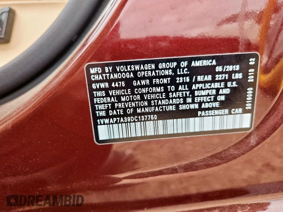 2013 Volkswagen Passat S with VIN 1VWAP7A39DC137750, listed as a Copart auction lot 60981355 with 105,954 mi miles and Clean title. Bid and sale history available at DreamBid. Image 12.