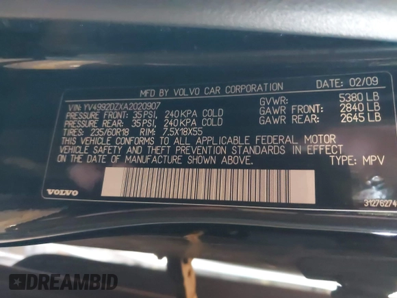 2010 Volvo XC60 3.0T z VIN YV4992DZXA2020907, wystawiony jako IAAI lot #41736455 z przebiegiem 140 890 mil mil oraz . Historia ofert i sprzedaży dostępna na DreamBid. Obrazek 9.
