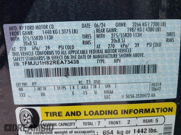 2024 Ford Expedition XLT with VIN 1FMJU1H82REA73438, listed as a IAAI auction lot 41806868 with Not provided miles and . Bid and sale history available at DreamBid. Image 9.
