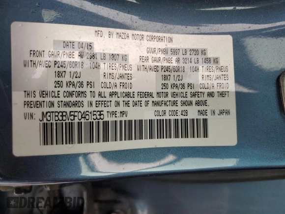 2015 Mazda CX-9 Sport with VIN JM3TB3BV5F0461535, listed as a Copart auction lot 78251514 with 109,480 mi miles and Salvage Title. Bid and sale history available at carsss.com. Image 13.