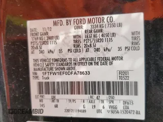 2013 Ford F-150 XL with VIN 1FTFW1EF0DFA78633, listed as a Copart auction lot 44163625 with 0 mi miles and Salvage Title. Bid and sale history available at carsss.com. Image 13.