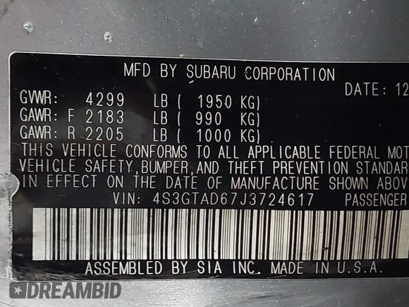 2018 Subaru Impreza Premium with VIN 4S3GTAD67J3724617, listed as a IAAI auction lot 40664868 with 1 mi miles. Bid and sale history available at carsss.com. Image 9.