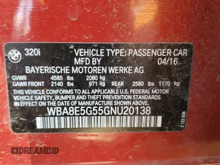 2016 BMW 3 Series 320i xDrive with VIN WBA8E5G55GNU20138, listed as a Copart auction lot 70131384 with 0 mi miles and Clean Title. Bid and sale history available at carsss.com. Image 12.