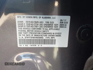 2017 Honda Pilot Touring with VIN 5FNYF5H92HB038893, listed as a IAAI auction lot 41639555 with 100,354 mi miles. Bid and sale history available at carsss.com. Image 9.