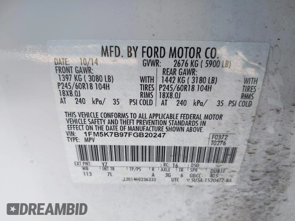 2015 Ford Explorer with VIN 1FM5K7B97FGB20247, listed as a IAAI auction lot 41703414 with 101,778 mi miles and . Bid and sale history available at DreamBid. Image 9.