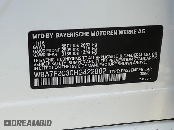2017 BMW 7 Series with VIN WBA7F2C30HG422882, listed as a Copart auction lot 39604234 with 70,888 mi miles and . Bid and sale history available at DreamBid. Image 12.