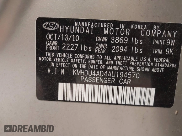 2010 Hyundai Elantra GLS z VIN KMHDU4AD4AU194570, wystawiony jako IAAI lot #42263642 z przebiegiem 123 899 mil mil oraz . Historia ofert i sprzedaży dostępna na DreamBid. Obrazek 9.