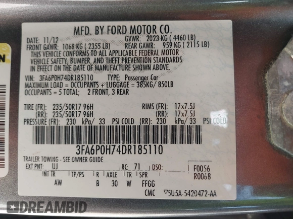 2013 Ford Fusion SE with VIN 3FA6P0H74DR185110, listed as a IAAI auction lot 42046700 with 188,909 mi miles. Bid and sale history available at carsss.com. Image 9.
