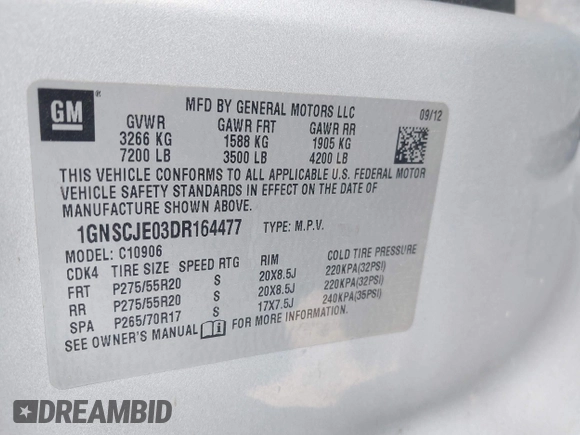 2013 Chevrolet Suburban LT with VIN 1GNSCJE03DR164477, listed as a IAAI auction lot 42083985 with 150,540 mi miles and . Bid and sale history available at DreamBid. Image 9.