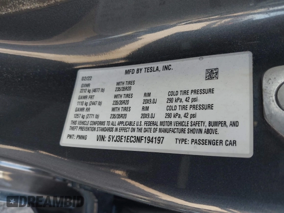 2022 Tesla Model 3 Performance with VIN 5YJ3E1EC3NF194197, listed as a IAAI auction lot 41825401 with Not Provided miles and . Bid and sale history available at DreamBid. Image 9.