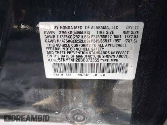 2011 Honda Pilot LX with VIN 5FNYF4H20BB073355, listed as a IAAI auction lot 41588887 with 146,867 mi miles. Bid and sale history available at carsss.com. Image 9.