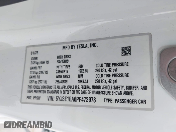 2023 Tesla Model 3 с VIN 5YJ3E1EA6PF472978, выставлен на аукционе IAAI как лот 42163124 с пробегом 16 017 миль миль и . История ставок и продаж доступна на DreamBid. Изображение 9.