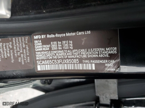 2015 Rolls-Royce Wraith with VIN SCA665C53FUX85085, listed as a Copart auction lot 45003615 with 54,918 mi miles and Salvage Title. Bid and sale history available at carsss.com. Image 12.