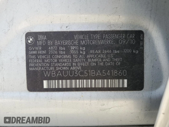 2011 BMW 3 Series 328i xDrive with VIN WBAUU3C51BA541860, listed as a Copart auction lot 53249775 with 108,462 mi miles and Clean title. Bid and sale history available at DreamBid. Image 12.