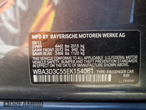 2014 BMW 3 Series 328d with VIN WBA3D3C55EK154061, listed as a Copart auction lot 58005205 with 172,478 mi miles and Clean title. Bid and sale history available at DreamBid. Image 12.