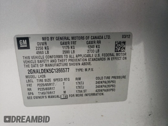 2012 Chevrolet Equinox 1LT z VIN 2GNALDEK5C1266577, wystawiony jako Copart lot #54303135 z przebiegiem 133 644 mil mil oraz Szkoda całkowita • Salvage title. Historia ofert i sprzedaży dostępna na DreamBid. Obrazek 14.