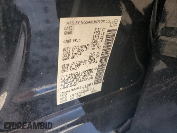 2021 Nissan Titan SL z VIN 1N6AA1ED6MN511883, wystawiony jako Copart lot #57115084 z przebiegiem 48 293 mil mil oraz Szkoda całkowita • Salvage title. Historia ofert i sprzedaży dostępna na DreamBid. Obrazek 13.