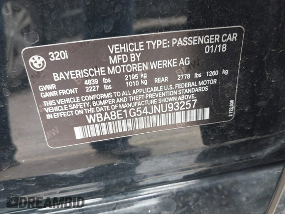 2018 BMW 3 Series 320i with VIN WBA8E1G54JNU93257, listed as a IAAI auction lot 41719141 with 144,381 mi miles. Bid and sale history available at carsss.com. Image 9.