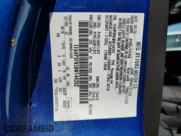 2011 Ford Focus SE with VIN 1FAHP3FN5BW144202, listed as a Copart auction lot 54936305 with 125,225 mi miles and Non Repairable. Bid and sale history available at DreamBid. Image 12.