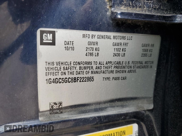 2011 Buick LaCrosse CXL with VIN 1G4GC5GC8BF222865, listed as a Copart auction lot 84893634 with 158,116 mi miles and Salvage title. Bid and sale history available at DreamBid. Image 14.