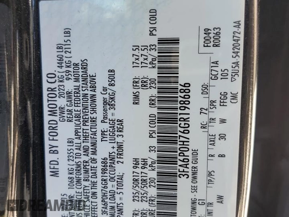 2016 Ford Fusion SE с VIN 3FA6P0H76GR198686, выставлен на аукционе Copart как лот 58954705 с пробегом 182 579 миль миль и Списание • Salvage title. История ставок и продаж доступна на DreamBid. Изображение 12.