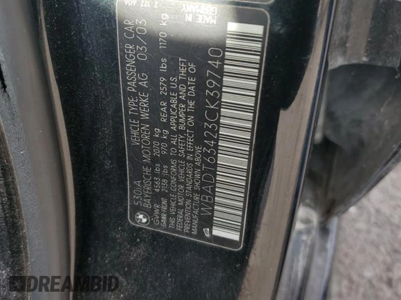 2003 BMW 5 Series 530iA with VIN WBADT63423CK39740, listed as a Copart auction lot 67598484 with 145,119 mi miles and Salvage Title. Bid and sale history available at carsss.com. Image 10.