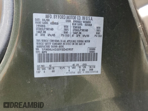 2000 Ford Excursion Limited с VIN 1FMNU43S0YED45957, выставлен на аукционе Copart как лот 54367875 с пробегом 155 863 миль миль и Чистый • Clean title. История ставок и продаж доступна на DreamBid. Изображение 13.