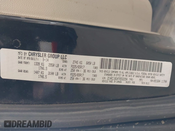 2015 Chrysler Town & Country Touring with VIN 2C4RC1BGXFR552294, listed as a IAAI auction lot 42168598 with 155,388 mi miles. Bid and sale history available at carsss.com. Image 9.