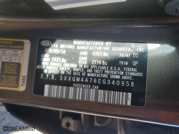 2014 Kia Optima LX with VIN 5XXGM4A76EG340958, listed as a Copart auction lot 53779365 with 54,324 mi miles and Salvage Title. Bid and sale history available at carsss.com. Image 12.
