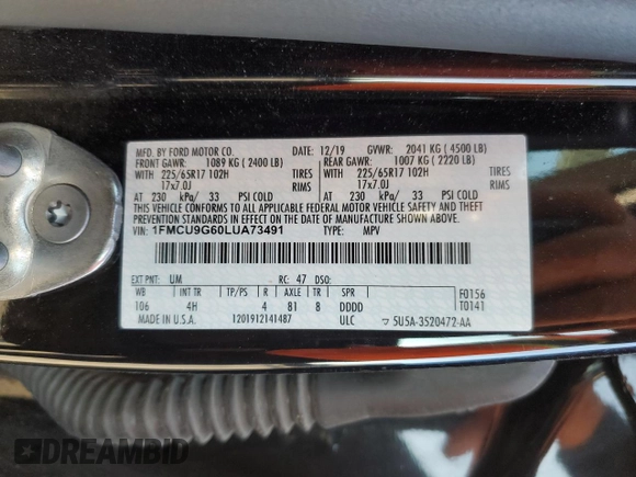 2020 Ford Escape SE with VIN 1FMCU9G60LUA73491, listed as a Copart auction lot 49377085 with 102,691 mi miles and Salvage title. Bid and sale history available at DreamBid. Image 16.
