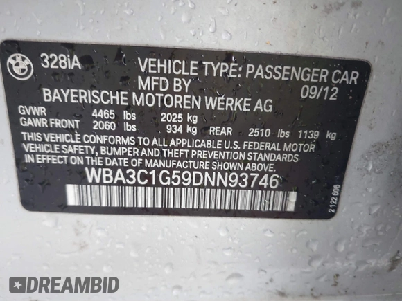 2013 BMW 3 Series 328i with VIN WBA3C1G59DNN93746, listed as a IAAI auction lot 41527720 with 215,442 mi miles and . Bid and sale history available at DreamBid. Image 9.