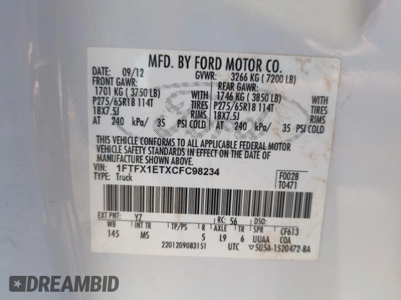 2012 Ford F-150 XL with VIN 1FTFX1ETXCFC98234, listed as a Copart auction lot 49923535 with 150,106 mi miles and Salvage title. Bid and sale history available at DreamBid. Image 13.