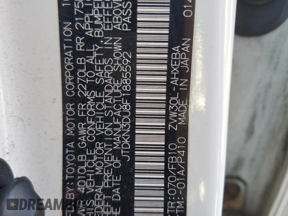 2015 Toyota Prius Four with VIN JTDKN3DU8F1885592, listed as a Copart auction lot 62316715 with 339,345 mi miles and Salvage title. Bid and sale history available at DreamBid. Image 12.