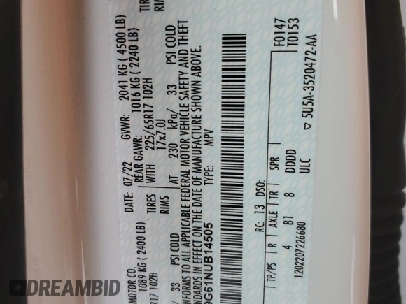 2022 Ford Escape SE with VIN 1FMCU9G61NUB14505, listed as a Copart auction lot 50307425 with 8,265 mi miles and Salvage title. Bid and sale history available at DreamBid. Image 14.