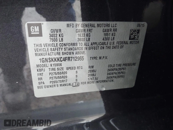 2015 Chevrolet Suburban LTZ with VIN 1GNSKKKC4FR712965, listed as a IAAI auction lot 41928053 with 188,571 mi miles. Bid and sale history available at carsss.com. Image 9.