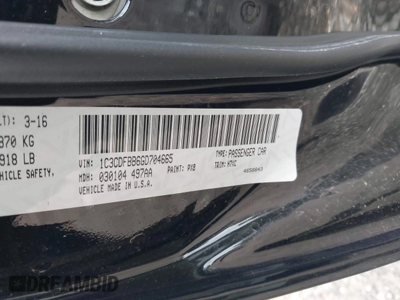 2016 Dodge Dart SXT with VIN 1C3CDFBB6GD704665, listed as a IAAI auction lot 42022266 with 51,867 mi miles and . Bid and sale history available at carsss.com. Image 9.