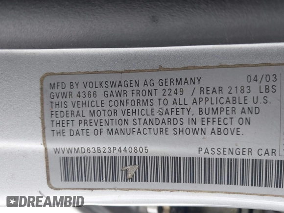 2003 Volkswagen Passat GL z VIN WVWMD63B23P440805, wystawiony jako IAAI lot #41545000 z przebiegiem 167 982 mil mil oraz . Historia ofert i sprzedaży dostępna na DreamBid. Obrazek 9.
