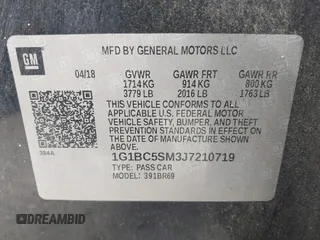 2018 Chevrolet Cruze LS with VIN 1G1BC5SM3J7210719, listed as a IAAI auction lot 41787077 with 93,489 mi miles and . Bid and sale history available at DreamBid. Image 9.