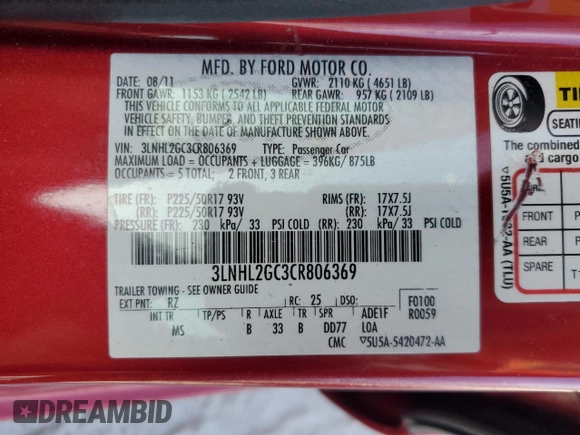 2012 Lincoln MKZ with VIN 3LNHL2GC3CR806369, listed as a Copart auction lot 49174065 with 63,490 mi miles and Salvage Title. Bid and sale history available at DreamBid. Image 13.
