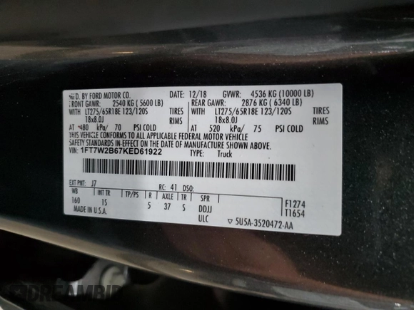 2019 Ford F-250 XL z VIN 1FT7W2B67KED61922, wystawiony jako Copart lot #63221415 z przebiegiem 133 946 mil mil oraz Czysty tytuł • Clean title. Historia ofert i sprzedaży dostępna na DreamBid. Obrazek 12.