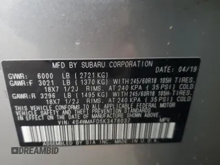 2019 Subaru Ascent Premium with VIN 4S4WMAFD5K3478037, listed as a Copart auction lot 57759605 with 58,139 mi miles and Salvage title. Bid and sale history available at DreamBid. Image 13.