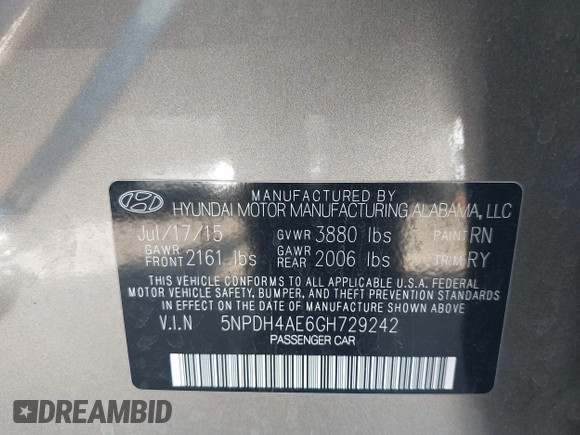 2016 Hyundai Elantra SE with VIN 5NPDH4AE6GH729242, listed as a IAAI auction lot 42562479 with 109,903 mi miles and . Bid and sale history available at DreamBid. Image 9.