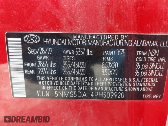 2023 Hyundai Santa Fe Calligraphy with VIN 5NMS5DAL4PH509920, listed as a IAAI auction lot 41951266 with 38,167 mi miles and . Bid and sale history available at DreamBid. Image 9.