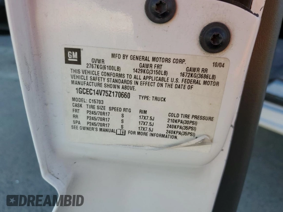 2005 Chevrolet Silverado 1500 Work Truck with VIN 1GCEC14V75Z170660, listed as a Copart auction lot 46538515 with Not provided miles and Non repairable. Bid and sale history available at DreamBid. Image 13.