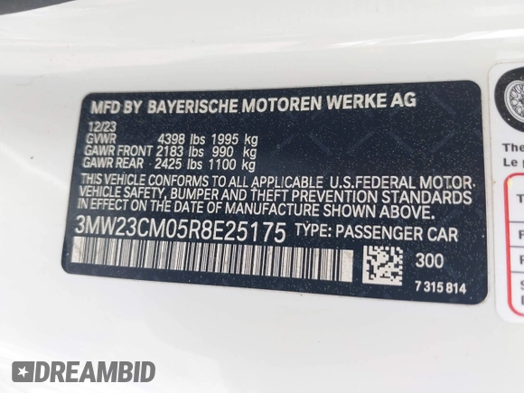 2024 BMW 2 Series 230i with VIN 3MW23CM05R8E25175, listed as a IAAI auction lot 41803015 with 18,601 mi miles and . Bid and sale history available at carsss.com. Image 9.