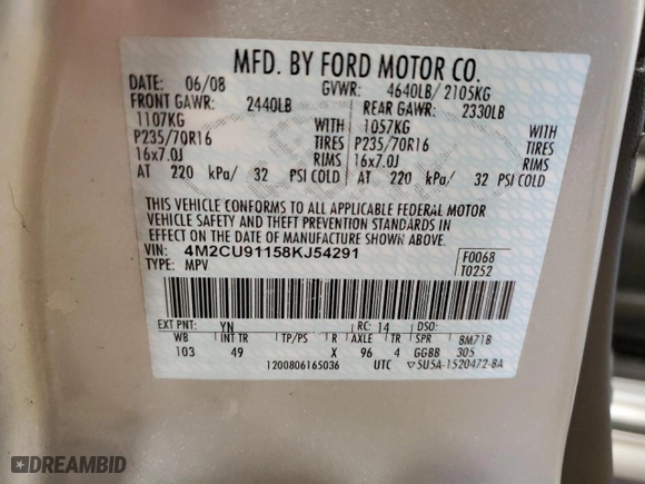 2008 Mercury Mariner with VIN 4M2CU91158KJ54291, listed as a Copart auction lot 46111055 with 96,059 mi miles and Salvage Title. Bid and sale history available at carsss.com. Image 13.