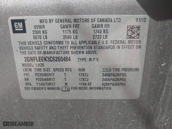 2012 Chevrolet Equinox LT w/1LT with VIN 2GNFLEEK3C6260484, listed as a IAAI auction lot 42028089 with 145,926 mi miles. Bid and sale history available at carsss.com. Image 9.